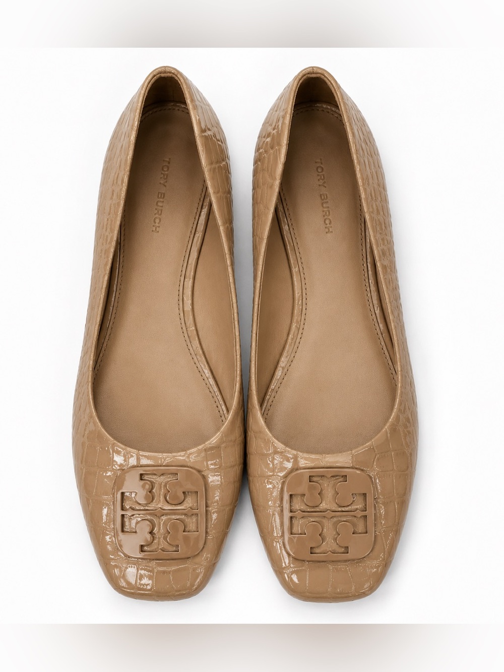 Tory Burch Patent Leather Crocodile Embossed Ballet Flats Tan Beige Gold Sz 9M
